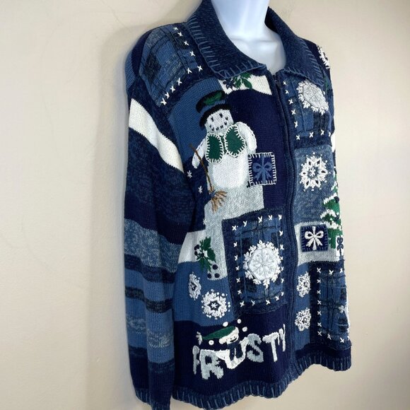 Vintage Heirloom Collectibles HOLIDAY SNOWMAN Sweater Size L Zip Cardigan Frosty - Picture 1 of 14
